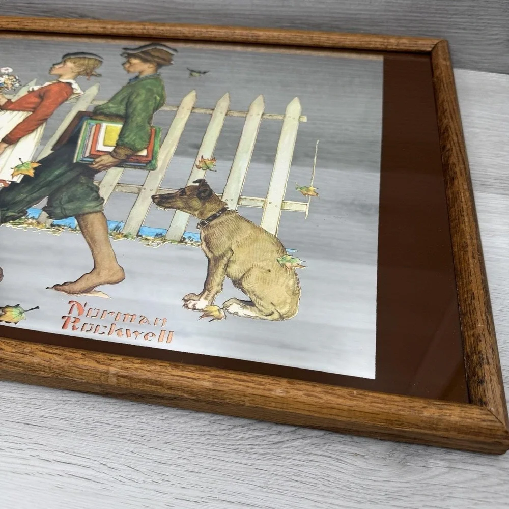 Norman Rockwell Walking to School Framed Mirror Oak Wood Vintage Wall Decor